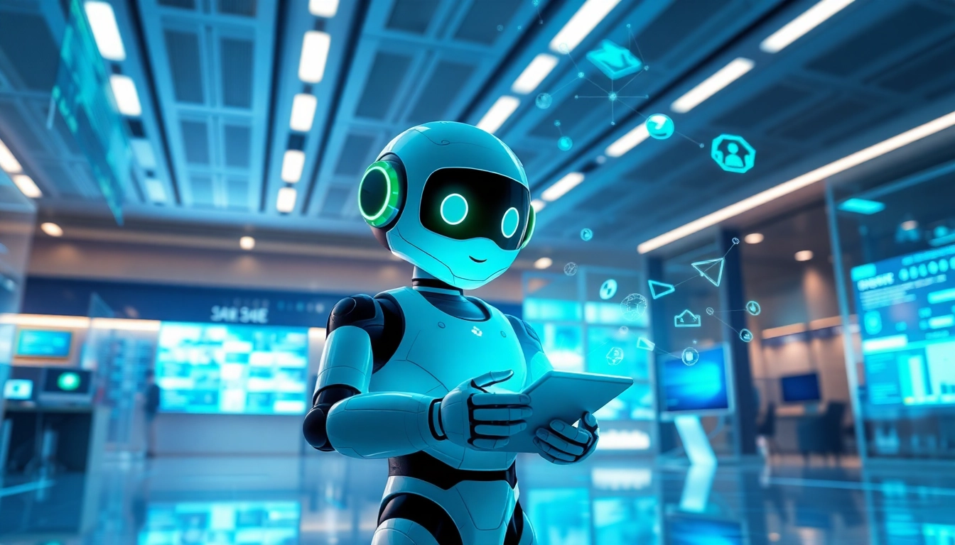 Janitor AI as a friendly humanoid robot navigating a tech-filled workspace, showcasing creativity and innovation.
