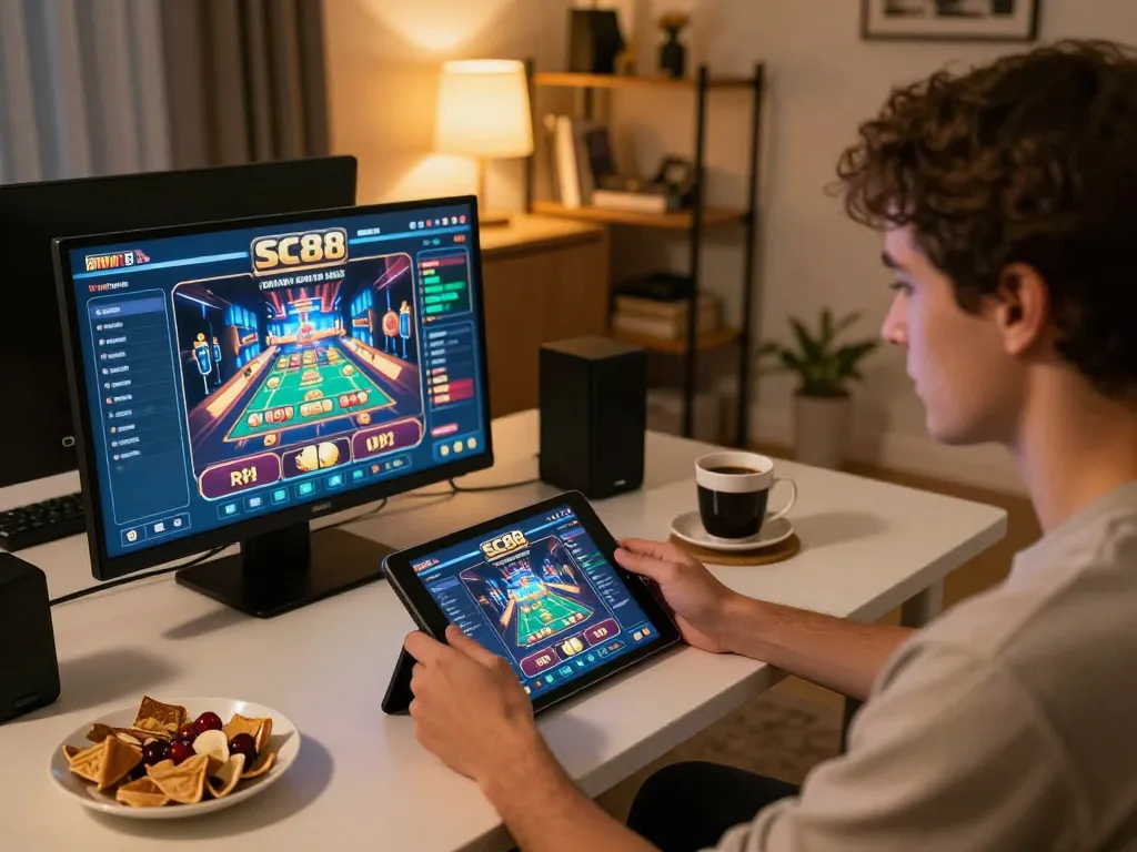 Player engaging with SC88 online casino app on a tablet, showcasing an inviting home gaming environment