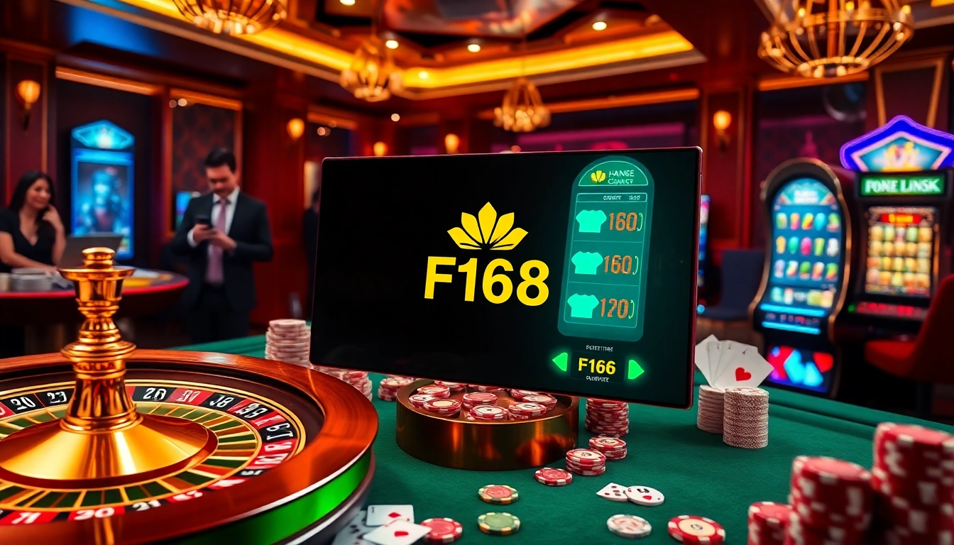 Players engaging with the พอร์ทเกม F168 online platform surrounded by casino-style gaming elements.