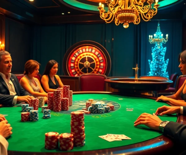 Engaging players at a KJC-branded poker table in a luxury casino atmosphere.