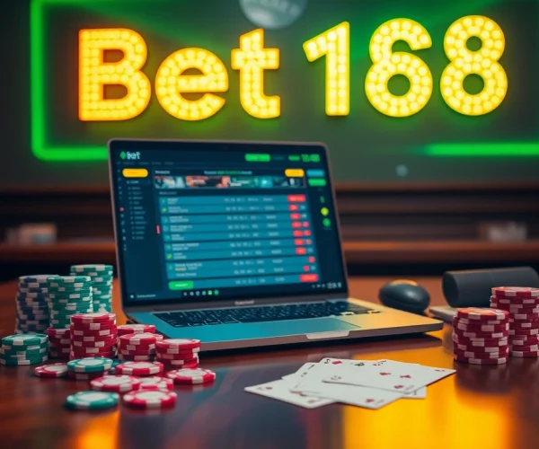 Bong da bet168 sports betting scene with poker chips, a laptop, and vibrant cards.