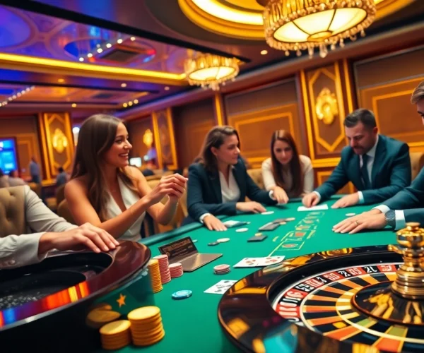 Players enjoying high-stakes poker at the Sun Win casino table, showcasing excitement and luxury.