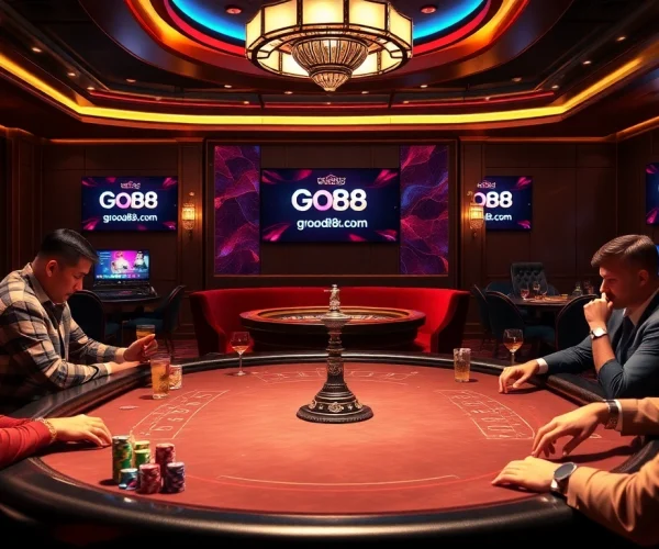 Players engaging in a thrilling poker game at a luxurious casino inspired by good88 .com