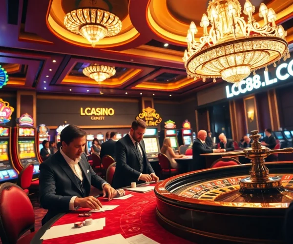 Experience the thrill of winning at LC88.COM with players enjoying poker and roulette in a luxurious casino setting.