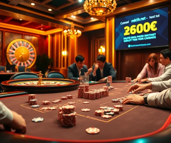 A lively poker scene at mk8th.net with colorful chips and cards, showcasing high-stakes excitement.