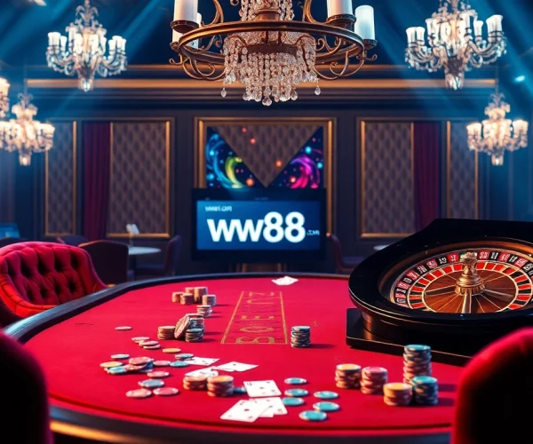 Players enjoy a thrilling poker game with high stakes at ww88 com, showcasing vibrant casino elements.