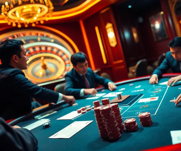 Tác giả Trần Chinh analyzes players strategizing at a poker table in a luxurious casino.