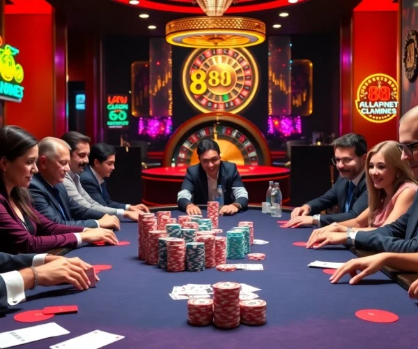 Players engaging at an 88i poker table with vibrant chips and a glamorous casino atmosphere.