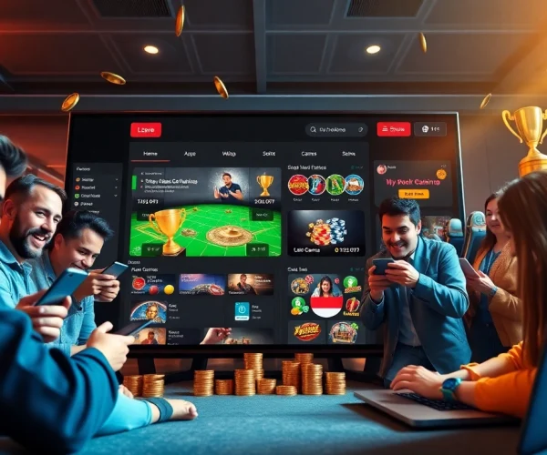 Engaging online gambling scene illustrating bk860s.com with diverse players on devices, capturing excitement and trust.