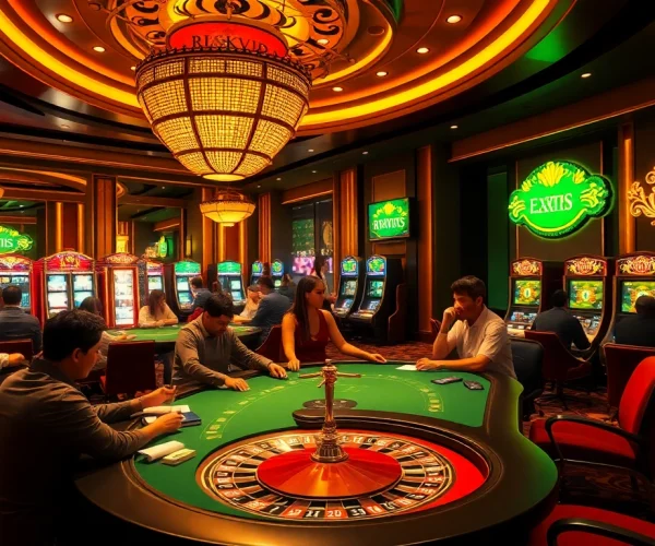 Experience the thrill of rikvip gambling with an engaging casino scene featuring poker, roulette, and vibrant slot machines.