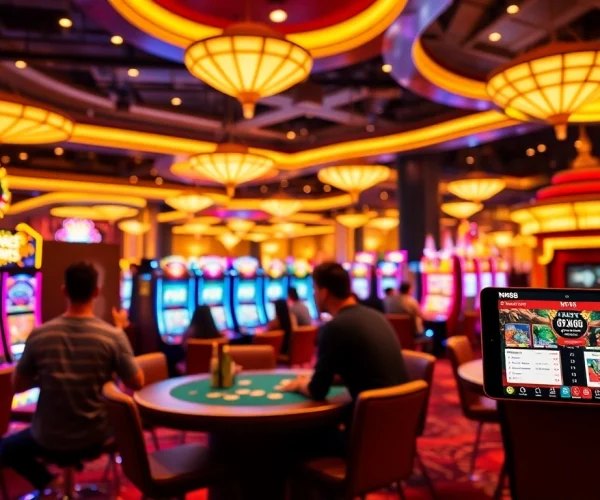 Players enjoy exciting games at NK88 app, featuring vibrant slot machines and poker tables.