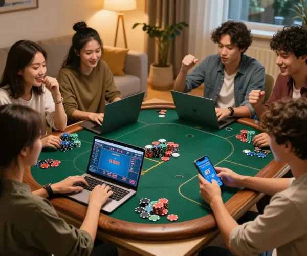 Players enjoying online poker at home with mb66, lively atmosphere and colorful chips on display.