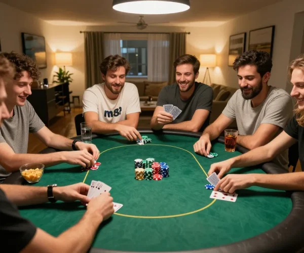 Friends enjoying a lively mm88 poker game at home, emphasizing strategic gameplay and camaraderie.