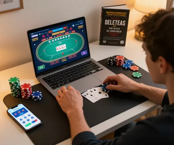 PHTAYA player enjoying online poker on laptop surrounded by betting strategies and colorful chips