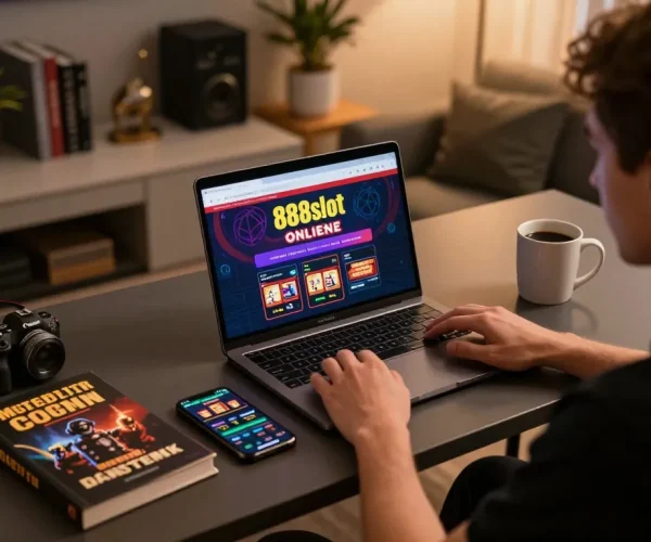 Engaging online gambling experience with 888slot on a laptop, showcasing dynamic gameplay.