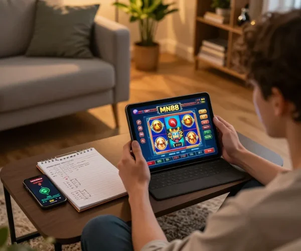 Engaging in online gambling using the MN88 link on a tablet, set in a cozy home atmosphere with strategic notes visible.