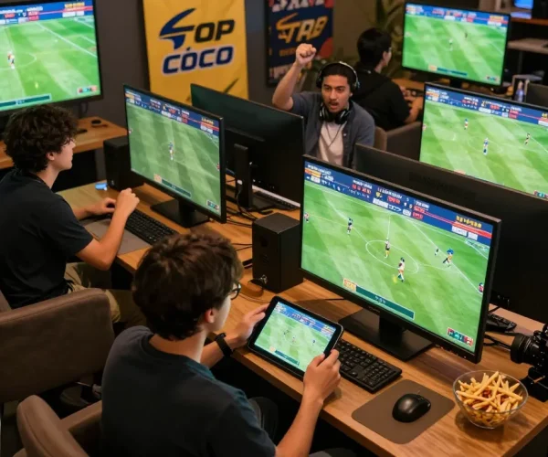 Engaging sports betting atmosphere showcasing trang cá cược bóng đá with live match screens and excited players.