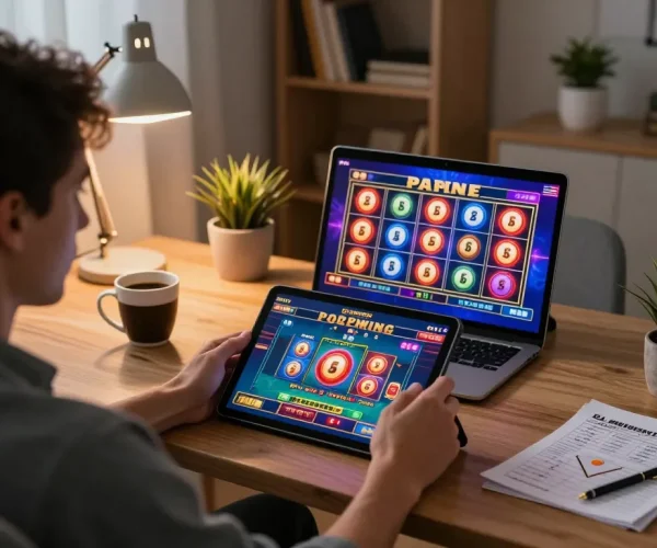 Player enjoying online casino slots using a tablet in a cozy home office, showcasing rokok 88 gaming experience.