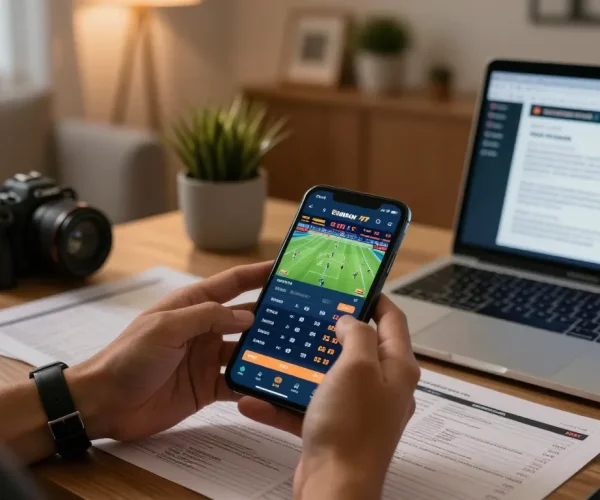 Engaging sports betting moment with smartphone displaying odds at nhà cái wstar77 in a cozy home setting