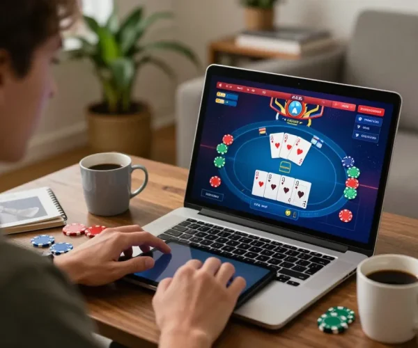 Player enjoying online poker at home with rr88 interface on laptop