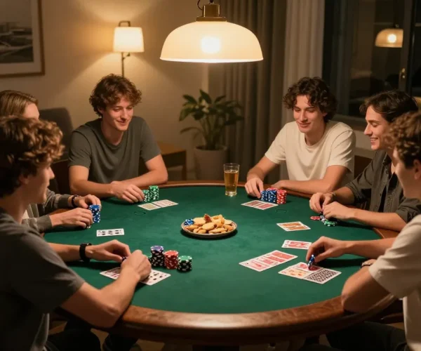 Engaged friends enjoying a soc888 poker night with vibrant chips and cards.