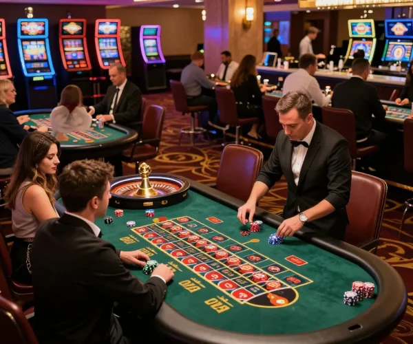 E2BET players placing bets at roulette tables in a vibrant casino atmosphere