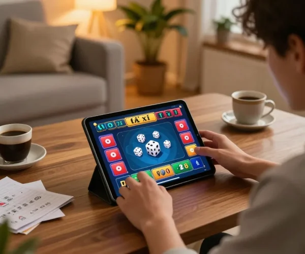 Engaging scene of a person playing tài xỉu online, showcasing vibrant tablet interface and strategic elements in a cozy setting.