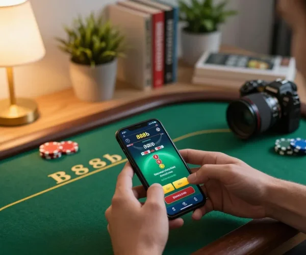 Engaging with the 888b gaming app on a smartphone for an exciting online poker experience.