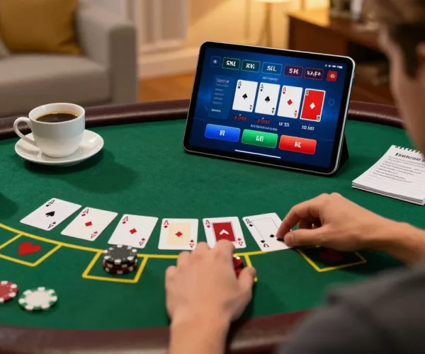 Player enjoying engaging blackjack game on 8kbet tablet in cozy home setting