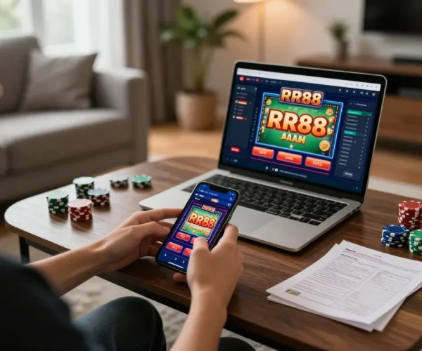 Engaging in mobile gambling with the RR88 app on a smartphone during a cozy evening.