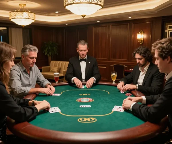 Nohu90 players engaging in a high-stakes poker game in a luxury casino