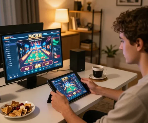 Player engaging with SC88 online casino app on a tablet, showcasing an inviting home gaming environment