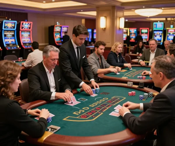 Players enjoying dynamic gameplay at rokok 88 blackjack tables in a vibrant casino atmosphere.