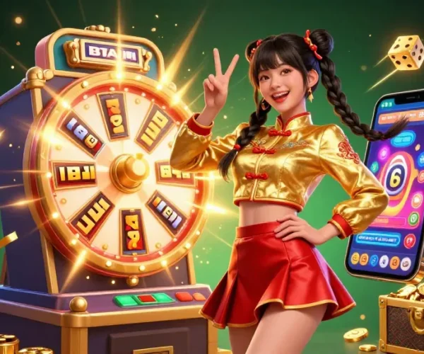 Experience excitement with cm88, showcasing vibrant casino action featuring a 3D slot machine, colorful games, and joyful atmosphere.