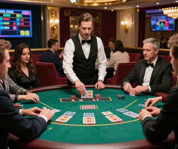Engaging baccarat game at 99ok online casino showcasing excitement and luxury in high-stakes gambling.