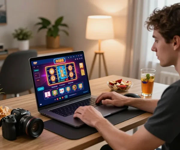 Player engaging in online gaming on n188, showcasing an immersive casino experience with laptop and vibrant graphics.