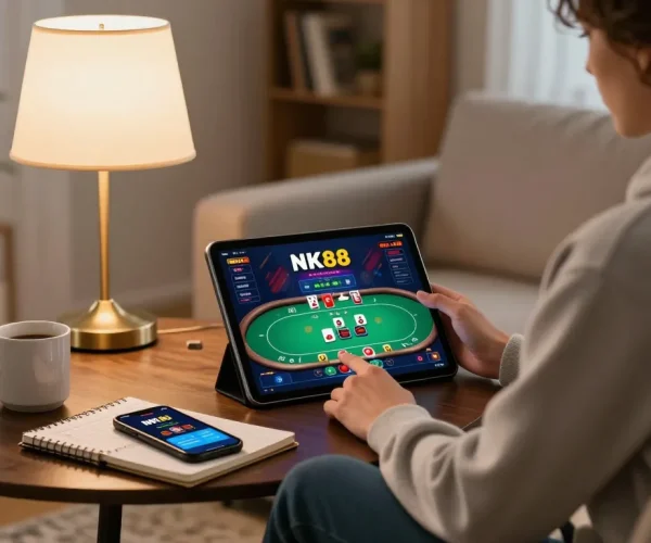 Play NK88 online poker on a tablet, showcasing a cozy gaming setup with strategic notes.