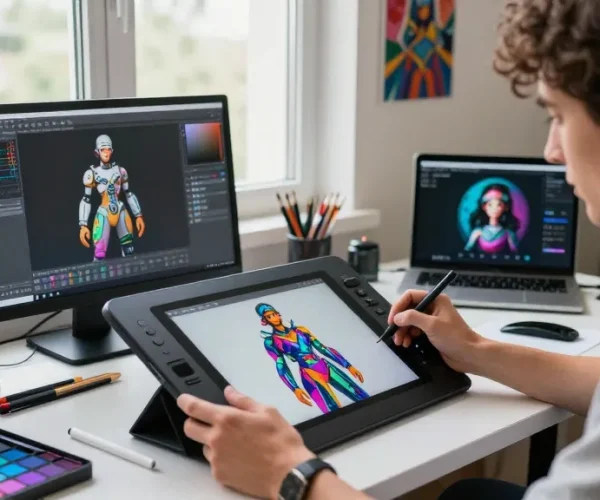 Artist creating NSFW AI artwork in modern studio filled with digital tools.