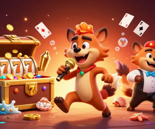 Engage in high-energy casino action with Sun Win's vibrant 3D hyena characters mixing drinks and entertaining.
