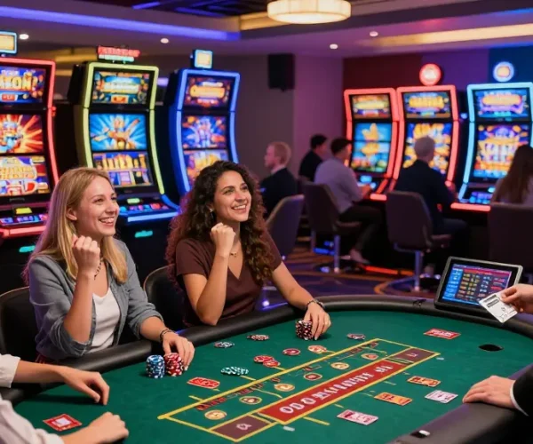 Exciting gaming scene from https://pavilions.org.uk featuring players at a vibrant credit card casino with slot machines and live games.