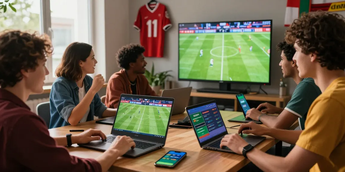 Excited friends engaging in judi bola while watching live soccer match on digital devices.
