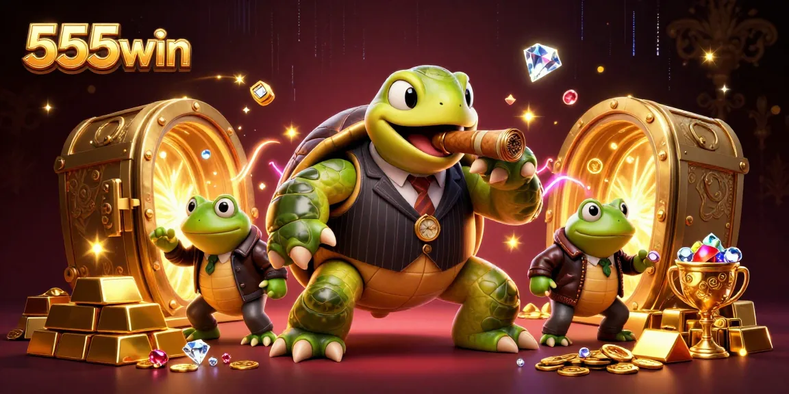 Engage with 555win's thrilling casino experience featuring a cartoon turtle mobster surrounded by treasure.