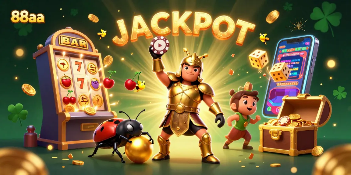88aa platform showcases a victorious beetle in a rich casino setting with bursting jackpots.