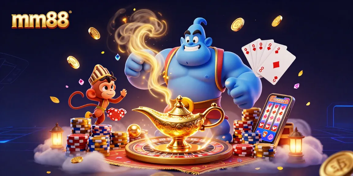 Win big at mm88 with a vibrant 3D casino illustration showcasing a genie, poker chips, and golden treasures.